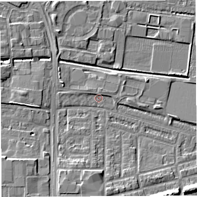 Shaded relief map of the ground around WA28HU, computed from Environment Agency LiDAR. The ground here sits at about 8 m above sea level and falls 10 m across the surrounding 800 m. Surface water reaching this point runs off ground lying to the north-north-east, 1.3 m higher.