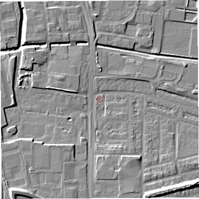 Shaded relief map of the ground around WA28HW, computed from Environment Agency LiDAR. The ground here sits at about 8 m above sea level and falls 12 m across the surrounding 800 m. Surface water reaching this point runs off ground lying to the west-north-west, 7.7 m higher.