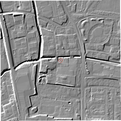 Shaded relief map of the ground around WA28JJ, computed from Environment Agency LiDAR. The ground here sits at about 8 m above sea level and falls 9 m across the surrounding 800 m. Surface water reaching this point runs off ground lying to the west-south-west, 6.0 m higher.