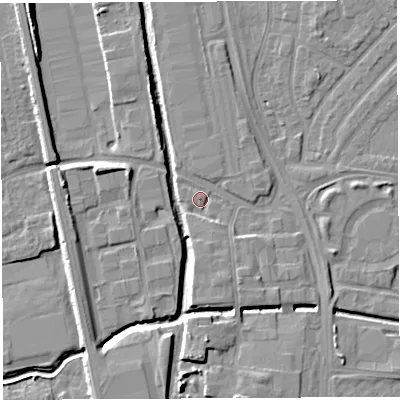 Shaded relief map of the ground around WA28JP, computed from Environment Agency LiDAR. The ground here sits at about 9 m above sea level and falls 9 m across the surrounding 800 m. Surface water reaching this point runs off ground lying to the south-south-east, 1.9 m higher.