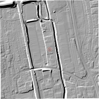 Shaded relief map of the ground around WA28JT, computed from Environment Agency LiDAR. The ground here sits at about 10 m above sea level and falls 13 m across the surrounding 800 m. Surface water reaching this point runs off ground lying to the north-east, 1.0 m higher.