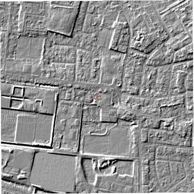 Shaded relief map of the ground around WA28LU, computed from Environment Agency LiDAR. The ground here sits at about 8 m above sea level and falls 5 m across the surrounding 800 m. Surface water reaching this point runs off ground lying to the north-north-east, 1.0 m higher.