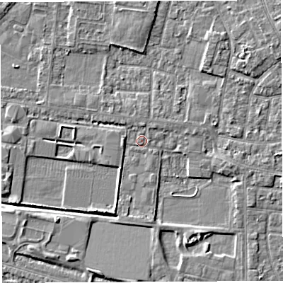 Shaded relief map of the ground around WA28LY, computed from Environment Agency LiDAR. The ground here sits at about 8 m above sea level and falls 4 m across the surrounding 800 m. Surface water reaching this point runs off ground lying to the north-east, 3.7 m higher.