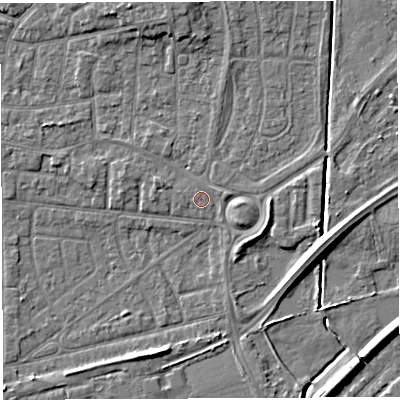 Shaded relief map of the ground around WA28PA, computed from Environment Agency LiDAR. The ground here sits at about 9 m above sea level and falls 6 m across the surrounding 800 m. Surface water reaching this point runs off ground lying to the east-north-east, 1.0 m higher.