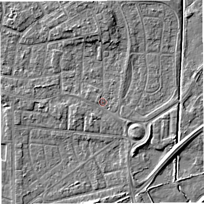 Shaded relief map of the ground around WA28PB, computed from Environment Agency LiDAR. The ground here sits at about 9 m above sea level and falls 6 m across the surrounding 800 m. Surface water reaching this point runs off ground lying to the north-north-east, 2.3 m higher.
