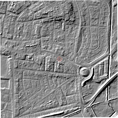 Shaded relief map of the ground around WA28PD, computed from Environment Agency LiDAR. The ground here sits at about 9 m above sea level and falls 6 m across the surrounding 800 m. Surface water reaching this point runs off ground lying to the north-north-east, 2.3 m higher.