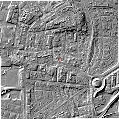 Shaded relief map of the ground around WA28PE, computed from Environment Agency LiDAR. The ground here sits at about 9 m above sea level and falls 6 m across the surrounding 800 m. Surface water reaching this point runs off ground lying to the south, 1.0 m higher.