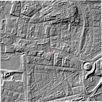 Shaded relief map of the ground around WA28PF, computed from Environment Agency LiDAR. The ground here sits at about 8 m above sea level and falls 6 m across the surrounding 800 m. Surface water reaching this point runs off ground lying to the south-east, 1.4 m higher.
