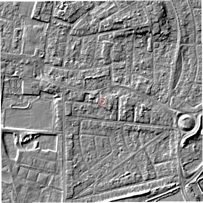 Shaded relief map of the ground around WA28PG, computed from Environment Agency LiDAR. The ground here sits at about 9 m above sea level and falls 5 m across the surrounding 800 m. Surface water reaching this point runs off ground lying to the east, 1.4 m higher.