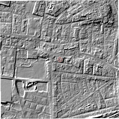 Shaded relief map of the ground around WA28PH, computed from Environment Agency LiDAR. The ground here sits at about 9 m above sea level and falls 5 m across the surrounding 800 m. Surface water reaching this point runs off ground lying to the north-west, 0.9 m higher.