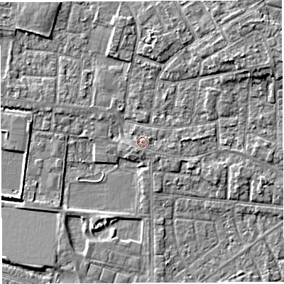 Shaded relief map of the ground around WA28PJ, computed from Environment Agency LiDAR. The ground here sits at about 9 m above sea level and falls 6 m across the surrounding 800 m. Surface water reaching this point runs off ground lying to the east, 1.3 m higher.