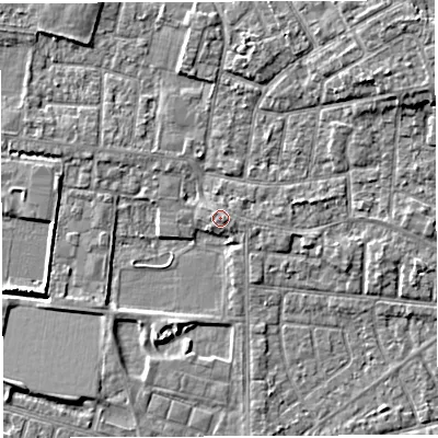 Shaded relief map of the ground around WA28PL, computed from Environment Agency LiDAR. The ground here sits at about 9 m above sea level and falls 6 m across the surrounding 800 m. Surface water reaching this point runs off ground lying to the east-south-east, 0.7 m higher.