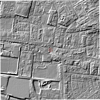 Shaded relief map of the ground around WA28PN, computed from Environment Agency LiDAR. The ground here sits at about 8 m above sea level and falls 6 m across the surrounding 800 m. Surface water reaching this point runs off ground lying to the north-east, 4.3 m higher.