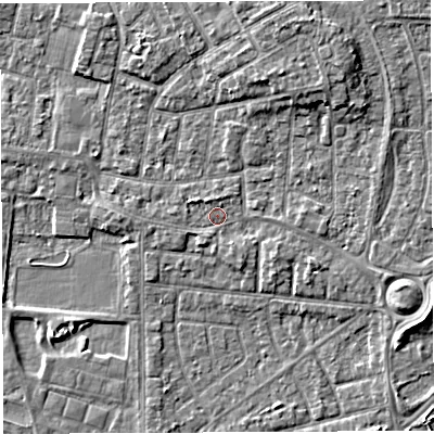 Shaded relief map of the ground around WA28PQ, computed from Environment Agency LiDAR. The ground here sits at about 9 m above sea level and falls 6 m across the surrounding 800 m. Surface water reaching this point runs off ground lying to the west-north-west, 1.4 m higher.