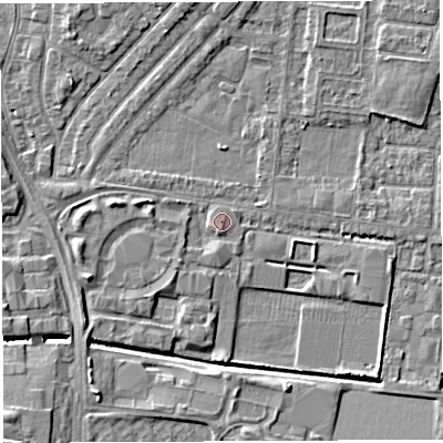 Shaded relief map of the ground around WA28PR, computed from Environment Agency LiDAR. The ground here sits at about 9 m above sea level and falls 6 m across the surrounding 800 m. Surface water reaching this point runs off ground lying to the west-south-west, 2.4 m higher.