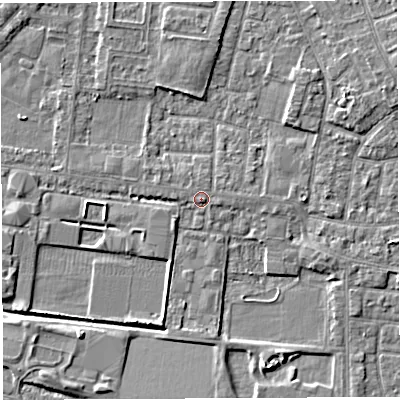 Shaded relief map of the ground around WA28PS, computed from Environment Agency LiDAR. The ground here sits at about 9 m above sea level and falls 4 m across the surrounding 800 m. Surface water reaching this point runs off ground lying to the east, 0.7 m higher.