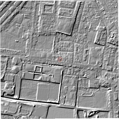Shaded relief map of the ground around WA28PU, computed from Environment Agency LiDAR. The ground here sits at about 9 m above sea level and falls 4 m across the surrounding 800 m. Surface water reaching this point runs off ground lying to the east, 0.5 m higher.