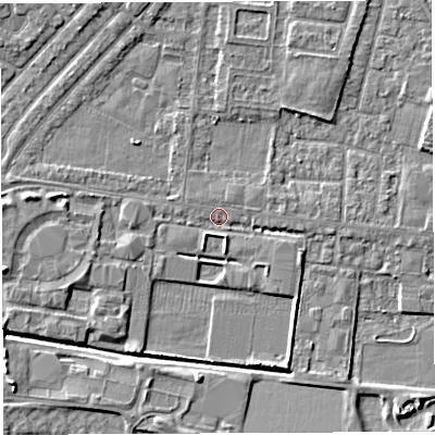 Shaded relief map of the ground around WA28PX, computed from Environment Agency LiDAR. The ground here sits at about 8 m above sea level and falls 4 m across the surrounding 800 m. Surface water reaching this point runs off ground lying to the south-south-east, 1.6 m higher.