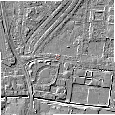 Shaded relief map of the ground around WA28PY, computed from Environment Agency LiDAR. The ground here sits at about 8 m above sea level and falls 5 m across the surrounding 800 m. Surface water reaching this point runs off ground lying to the north-east, 0.9 m higher.