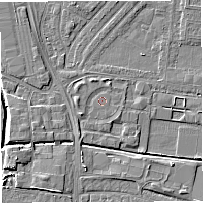 Shaded relief map of the ground around WA28QA, computed from Environment Agency LiDAR. The ground here sits at about 9 m above sea level and falls 9 m across the surrounding 800 m. The ground contributing surface water to this point lies to the north-west.