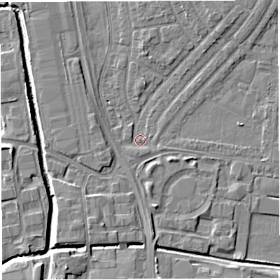 Shaded relief map of the ground around WA28QB, computed from Environment Agency LiDAR. The ground here sits at about 8 m above sea level and falls 7 m across the surrounding 800 m. Surface water reaching this point runs off ground lying to the south-south-west, 3.0 m higher.