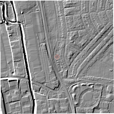 Shaded relief map of the ground around WA28QF, computed from Environment Agency LiDAR. The ground here sits at about 8 m above sea level and falls 9 m across the surrounding 800 m. Surface water reaching this point runs off ground lying to the north-north-east, 3.2 m higher.