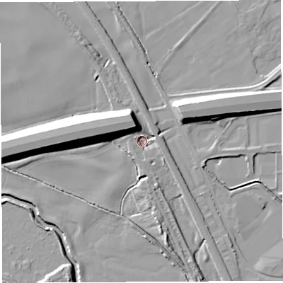 Shaded relief map of the ground around WA28RL, computed from Environment Agency LiDAR. The ground here sits at about 9 m above sea level and falls 13 m across the surrounding 800 m. Surface water reaching this point runs off ground lying to the north-north-west, 10.5 m higher.