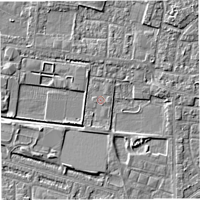 Shaded relief map of the ground around WA28TX, computed from Environment Agency LiDAR. The ground here sits at about 8 m above sea level and falls 4 m across the surrounding 800 m. Surface water reaching this point runs off ground lying to the south-south-east, 1.1 m higher.