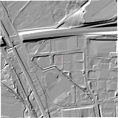 Shaded relief map of the ground around WA28UD, computed from Environment Agency LiDAR. The ground here sits at about 9 m above sea level and falls 14 m across the surrounding 800 m. Surface water reaching this point runs off ground lying to the west, 2.7 m higher.