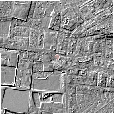 Shaded relief map of the ground around WA29AB, computed from Environment Agency LiDAR. The ground here sits at about 9 m above sea level and falls 6 m across the surrounding 800 m. Surface water reaching this point runs off ground lying to the north-east, 4.6 m higher.