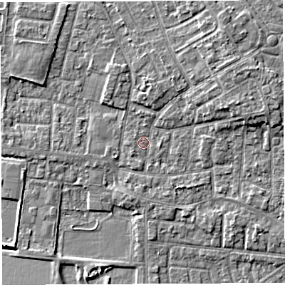 Shaded relief map of the ground around WA29AF, computed from Environment Agency LiDAR. The ground here sits at about 9 m above sea level and falls 6 m across the surrounding 800 m. Surface water reaching this point runs off ground lying to the north-east, 3.5 m higher.