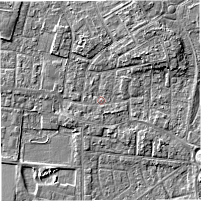 Shaded relief map of the ground around WA29AG, computed from Environment Agency LiDAR. The ground here sits at about 9 m above sea level and falls 6 m across the surrounding 800 m. Surface water reaching this point runs off ground lying to the north-east, 4.3 m higher.