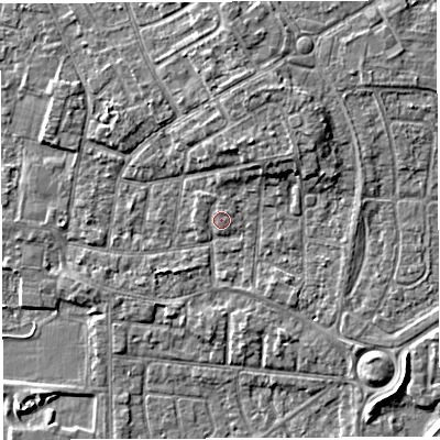 Shaded relief map of the ground around WA29AH, computed from Environment Agency LiDAR. The ground here sits at about 9 m above sea level and falls 6 m across the surrounding 800 m. Surface water reaching this point runs off ground lying to the north-north-west, 0.9 m higher.