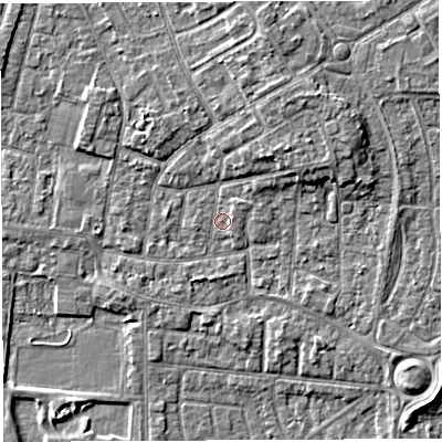 Shaded relief map of the ground around WA29AJ, computed from Environment Agency LiDAR. The ground here sits at about 9 m above sea level and falls 6 m across the surrounding 800 m. Surface water reaching this point runs off ground lying to the north-east, 3.3 m higher.