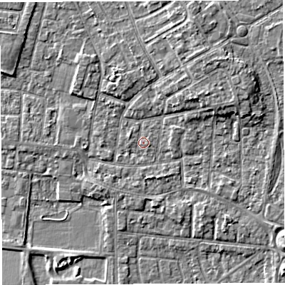 Shaded relief map of the ground around WA29AL, computed from Environment Agency LiDAR. The ground here sits at about 9 m above sea level and falls 6 m across the surrounding 800 m. Surface water reaching this point runs off ground lying to the north-east, 4.3 m higher.