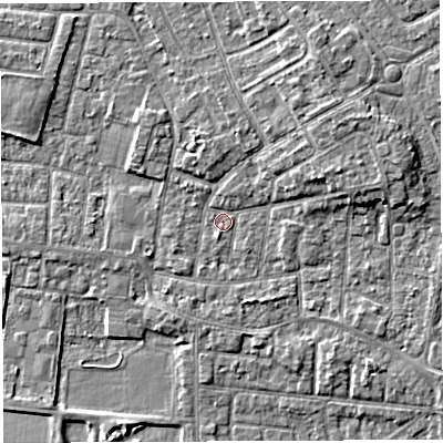 Shaded relief map of the ground around WA29AN, computed from Environment Agency LiDAR. The ground here sits at about 9 m above sea level and falls 6 m across the surrounding 800 m. Surface water reaching this point runs off ground lying to the north-east, 3.8 m higher.