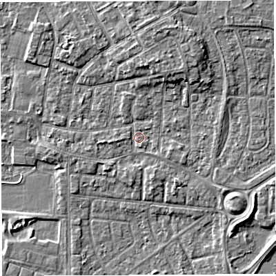 Shaded relief map of the ground around WA29AQ, computed from Environment Agency LiDAR. The ground here sits at about 9 m above sea level and falls 6 m across the surrounding 800 m. Surface water reaching this point runs off ground lying to the north-north-east, 4.1 m higher.