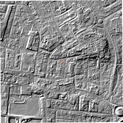 Shaded relief map of the ground around WA29BA, computed from Environment Agency LiDAR. The ground here sits at about 9 m above sea level and falls 6 m across the surrounding 800 m. Surface water reaching this point runs off ground lying to the north-east, 3.8 m higher.