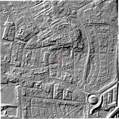 Shaded relief map of the ground around WA29BB, computed from Environment Agency LiDAR. The ground here sits at about 9 m above sea level and falls 6 m across the surrounding 800 m. Surface water reaching this point runs off ground lying to the north-north-east, 3.1 m higher.