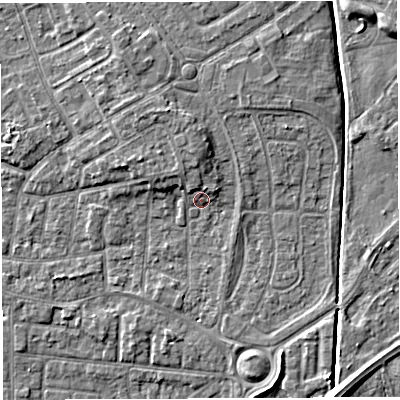 Shaded relief map of the ground around WA29BE, computed from Environment Agency LiDAR. The ground here sits at about 10 m above sea level and falls 6 m across the surrounding 800 m. Surface water reaching this point runs off ground lying to the north-west, 2.2 m higher.