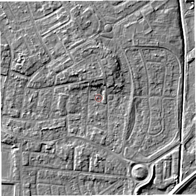 Shaded relief map of the ground around WA29BG, computed from Environment Agency LiDAR. The ground here sits at about 9 m above sea level and falls 6 m across the surrounding 800 m. Surface water reaching this point runs off ground lying to the north, 2.8 m higher.