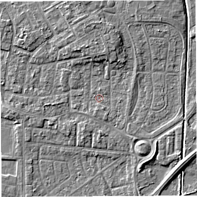 Shaded relief map of the ground around WA29BH, computed from Environment Agency LiDAR. The ground here sits at about 9 m above sea level and falls 6 m across the surrounding 800 m. Surface water reaching this point runs off ground lying to the north, 3.9 m higher.