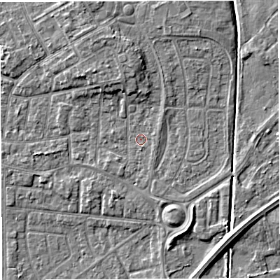 Shaded relief map of the ground around WA29BJ, computed from Environment Agency LiDAR. The ground here sits at about 9 m above sea level and falls 6 m across the surrounding 800 m. Surface water reaching this point runs off ground lying to the north-north-west, 3.6 m higher.