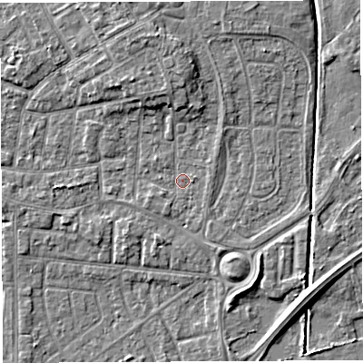 Shaded relief map of the ground around WA29BQ, computed from Environment Agency LiDAR. The ground here sits at about 9 m above sea level and falls 6 m across the surrounding 800 m. Surface water reaching this point runs off ground lying to the north, 3.7 m higher.