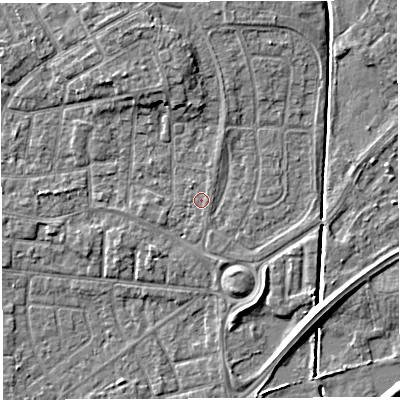 Shaded relief map of the ground around WA29LH, computed from Environment Agency LiDAR. The ground here sits at about 9 m above sea level and falls 6 m across the surrounding 800 m. Surface water reaching this point runs off ground lying to the north, 2.6 m higher.