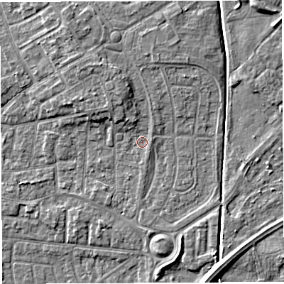Shaded relief map of the ground around WA29LJ, computed from Environment Agency LiDAR. The ground here sits at about 9 m above sea level and falls 6 m across the surrounding 800 m. Surface water reaching this point runs off ground lying to the north-north-west, 3.5 m higher.