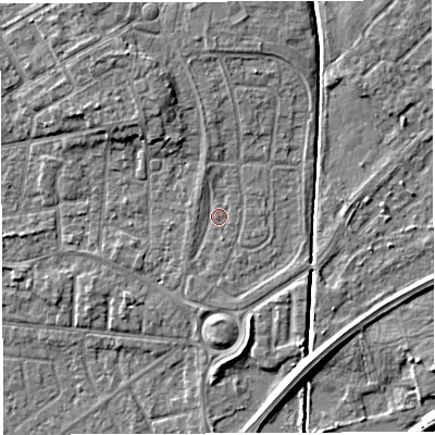 Shaded relief map of the ground around WA29LQ, computed from Environment Agency LiDAR. The ground here sits at about 9 m above sea level and falls 6 m across the surrounding 800 m. Surface water reaching this point runs off ground lying to the north, 2.3 m higher.