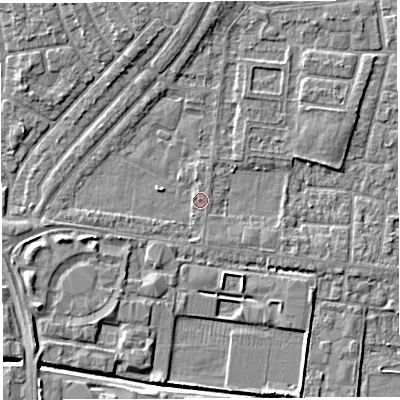 Shaded relief map of the ground around WA29PA, computed from Environment Agency LiDAR. The ground here sits at about 8 m above sea level and falls 5 m across the surrounding 800 m. Surface water reaching this point runs off ground lying to the north, 2.6 m higher.