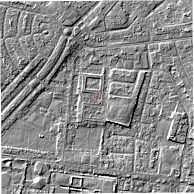 Shaded relief map of the ground around WA29PD, computed from Environment Agency LiDAR. The ground here sits at about 9 m above sea level and falls 4 m across the surrounding 800 m. Surface water reaching this point runs off ground lying to the east, 1.3 m higher.