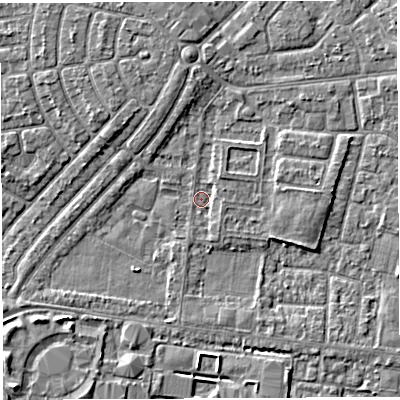 Shaded relief map of the ground around WA29PF, computed from Environment Agency LiDAR. The ground here sits at about 8 m above sea level and falls 4 m across the surrounding 800 m. Surface water reaching this point runs off ground lying to the north, 2.5 m higher.